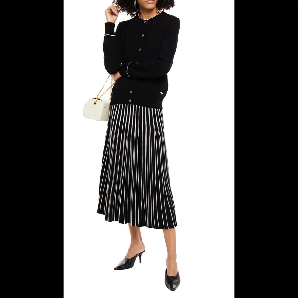 Tory Burch pleated knit, black and white stripe midi skirt, size s/p